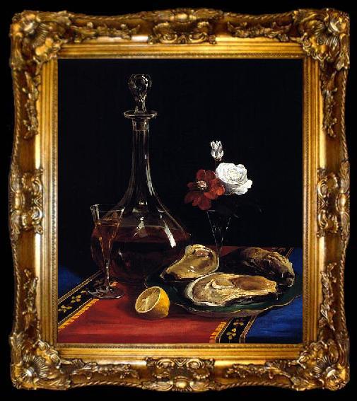 framed  Adalbert John Volck still life by Adalbert John Volck, showing decanter of wine, oysters, small vase of flowers, slice of lemon, ta009-2
